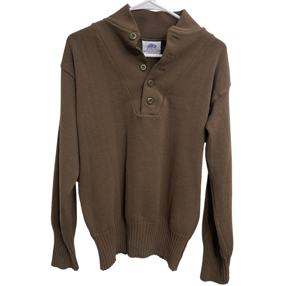 Vintage 90s Military‎ Henley Mock Neck Sweater Brown Size L Army Outdoor Hiking